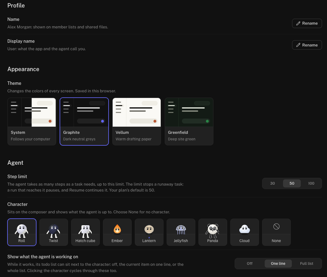 Profile, Appearance, and Agent settings, including the step limit and character choices