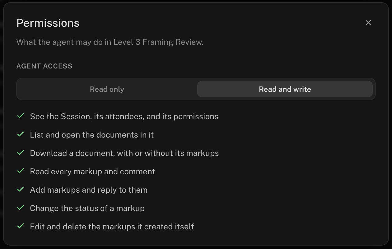 The Permissions dialog: Agent access set to Read and write, with the list of what the agent may do