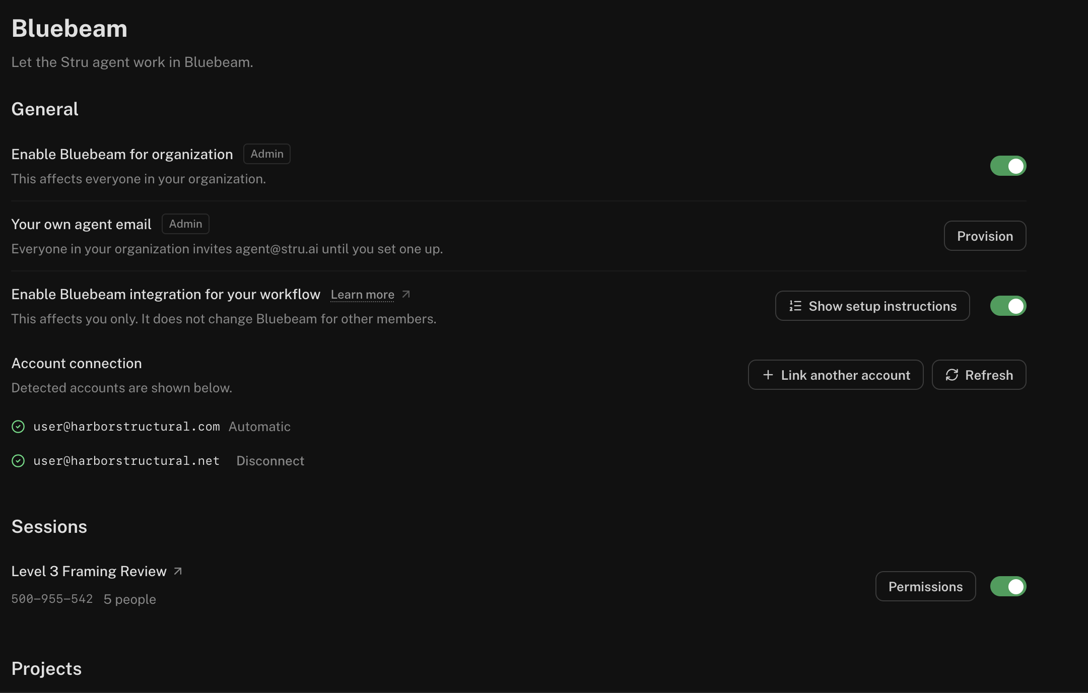 The Bluebeam page: the organization and personal switches, Account connection, and a Session with Permissions and its switch