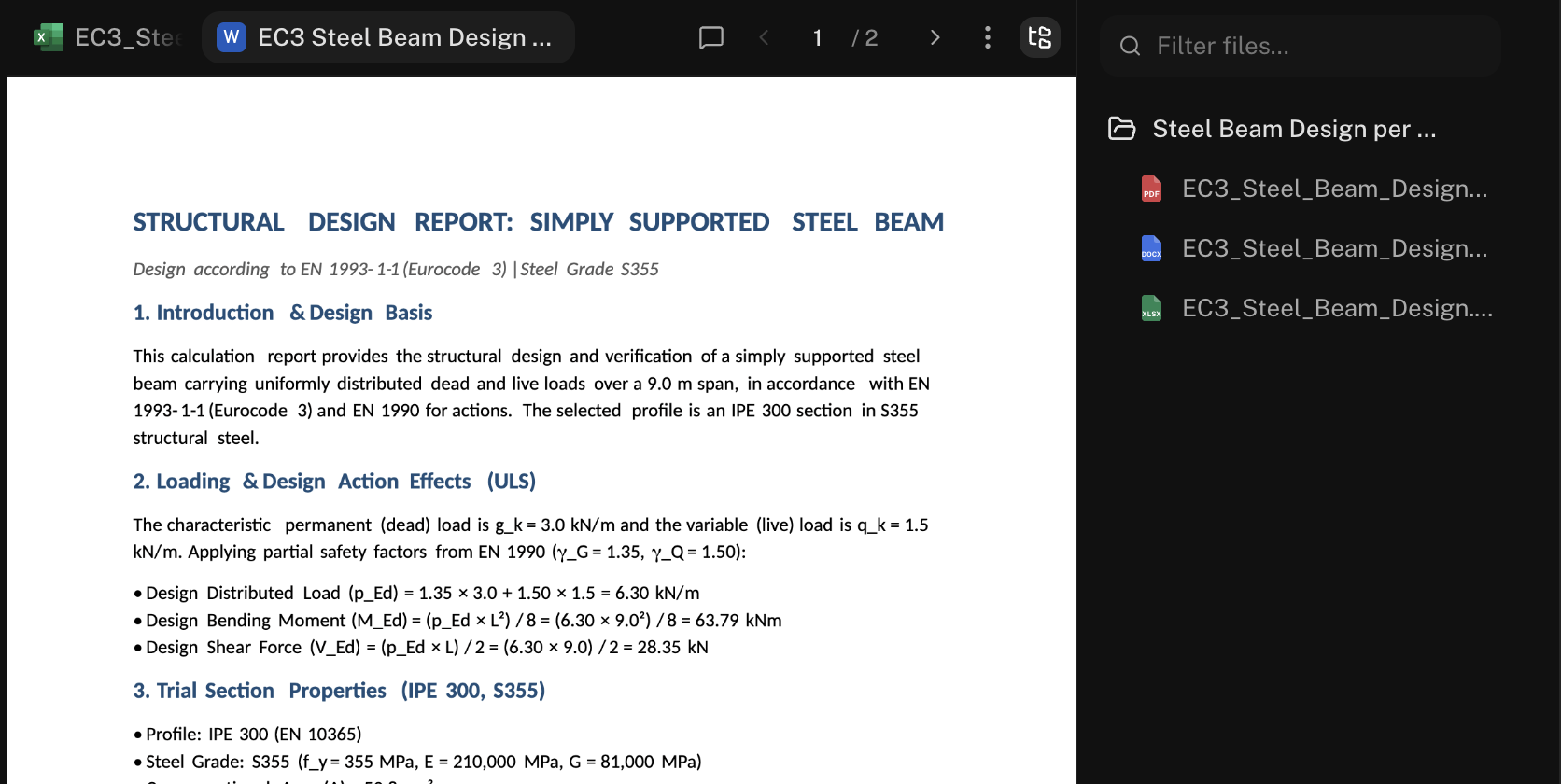 The Canvas file tree showing the project folder's drawings, calcs, and reports