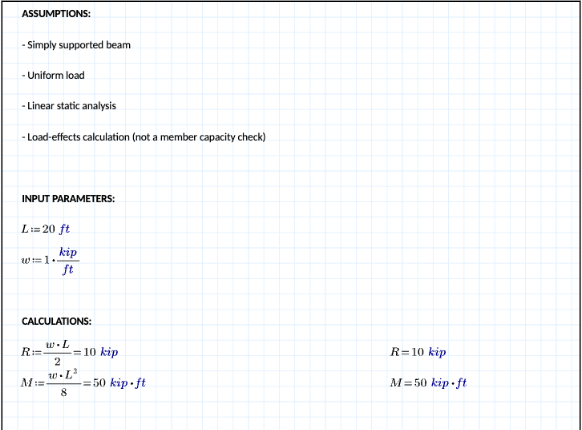 A Mathcad worksheet with a 20 ft span, a 1 kip per ft load, 10 kip reactions, and a 50 kip ft maximum moment