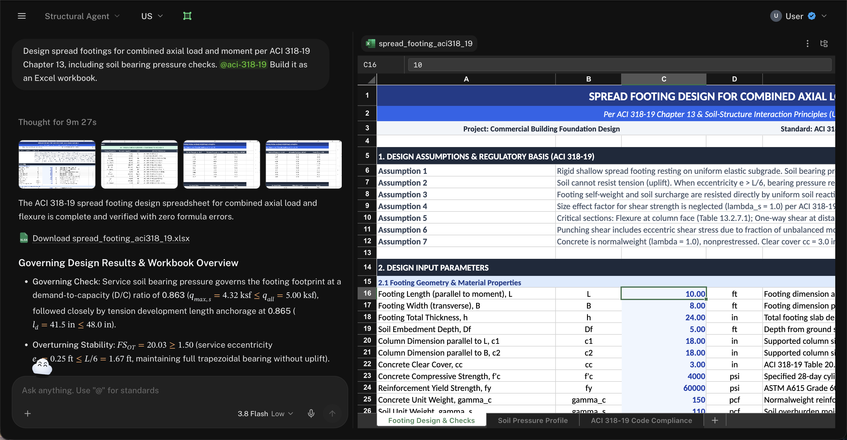 A conversation with the Canvas open: the agent's reply on the left and an Excel workbook on the right