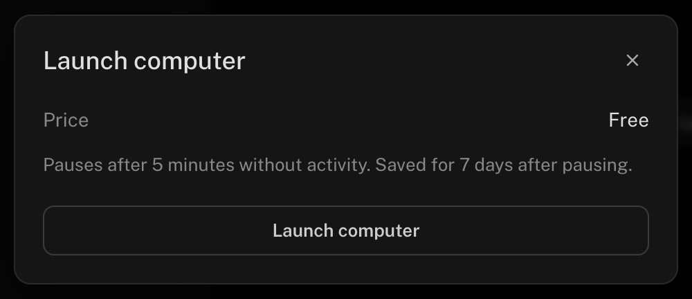 The Launch computer dialog with the session price, run time, and pause details
