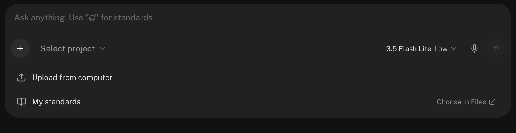The + menu open, showing Upload from computer and the My standards row
