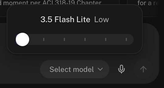 The model picker open: a slider across models and reasoning levels