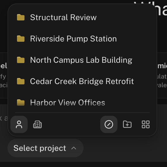 The Select project menu open over the message box, listing project folders