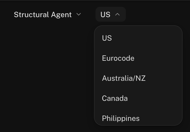 The design standard selector open, with US selected