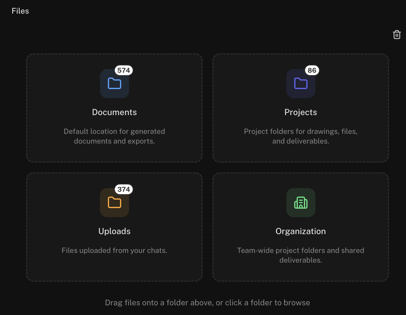 The Files home screen with the Documents, Projects, and Organization areas