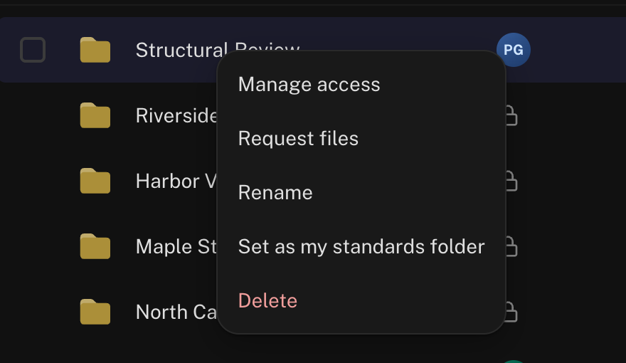 Right-clicking a folder row shows Manage access, Request files, Rename, Set as my standards folder, and Delete