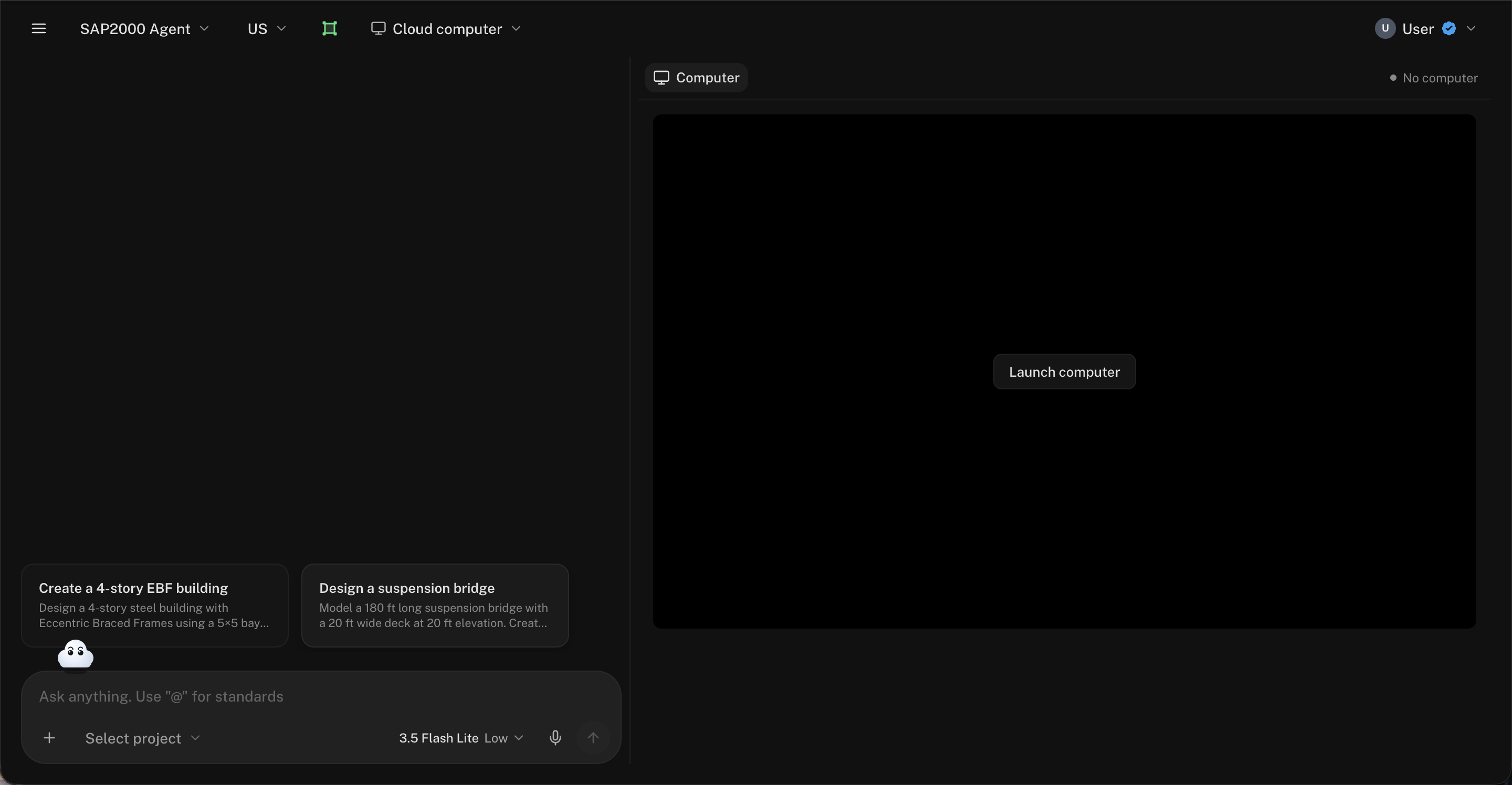 The SAP2000 Agent with Cloud computer selected in the header and the Computer tab beside the chat, ready to launch
