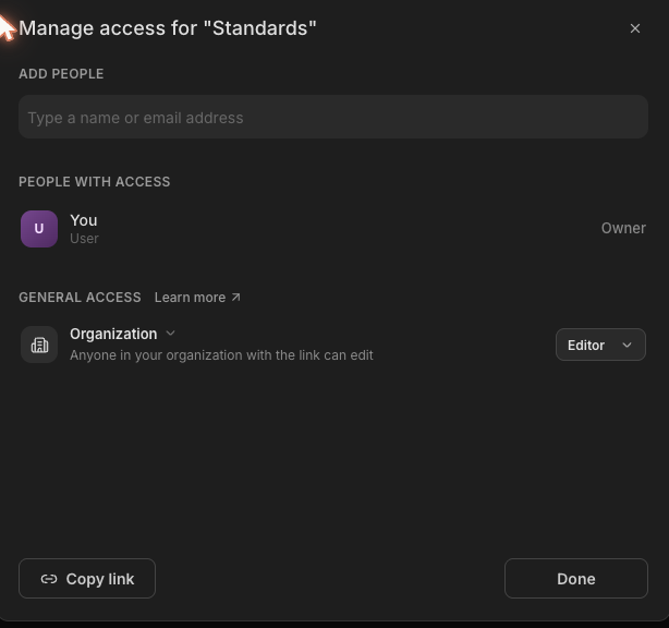 An organization folder with General access set to Organization and default role Editor