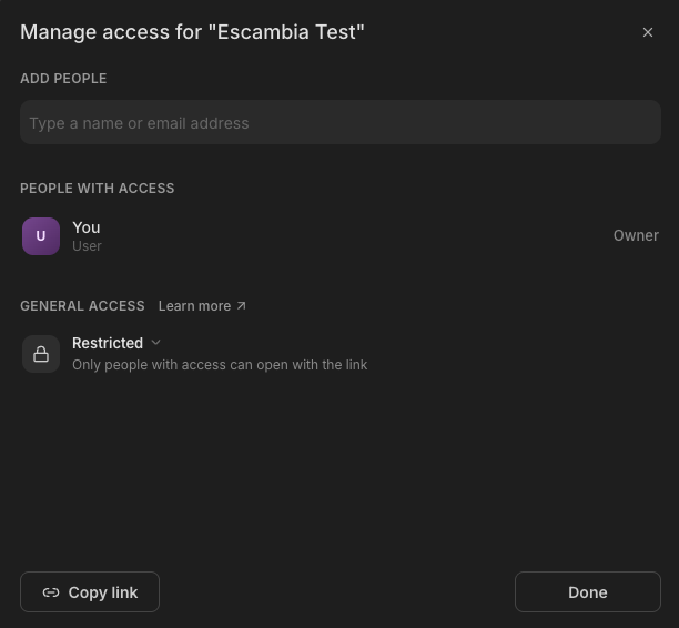 The Manage Access dialog: Add people, People with access with roles, and General access