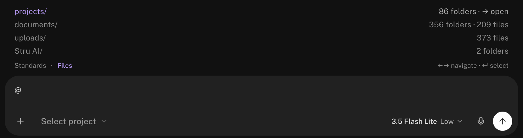 The @ picker showing the Files section: projects, documents, and uploads folders with file counts