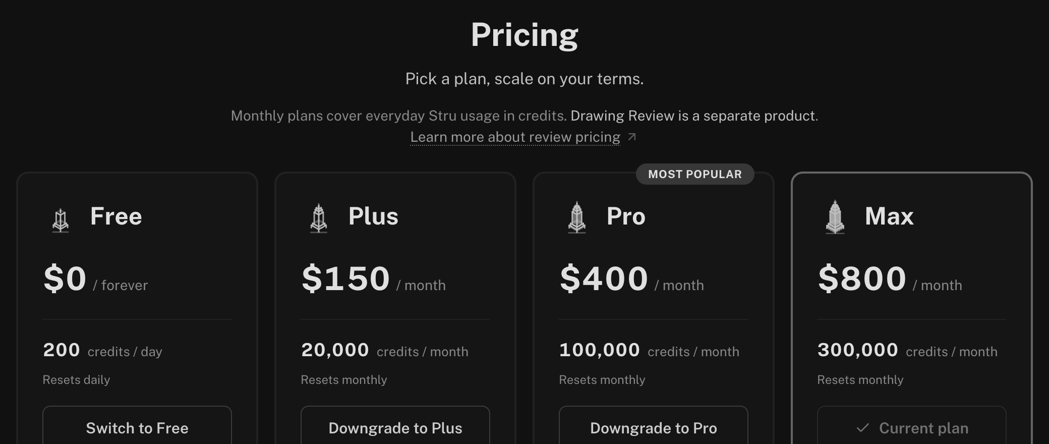 The Pricing page with the Free, Plus, Pro, and Max plan cards
