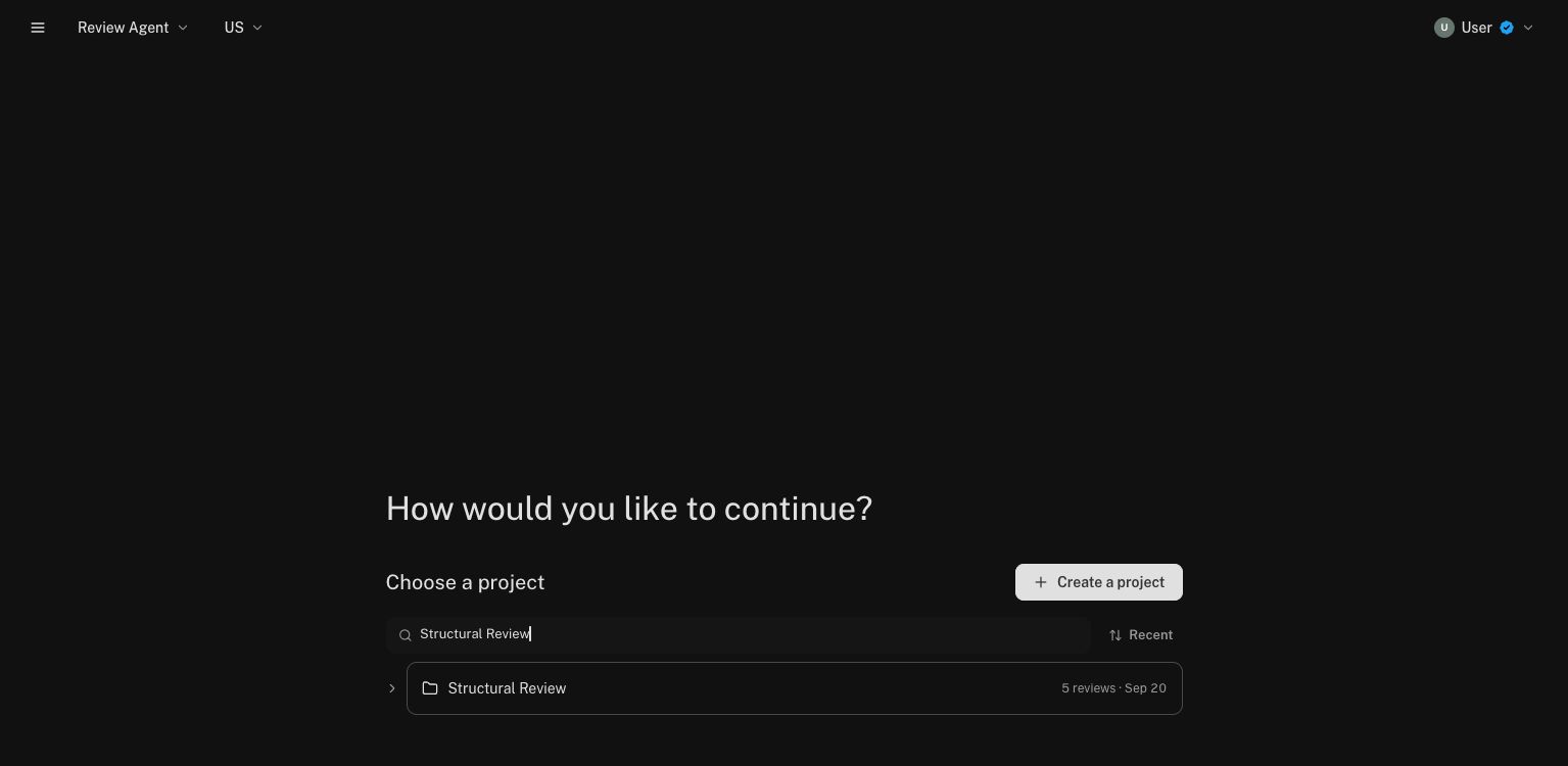 The review workspace ready to choose a project